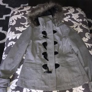 Gray jacket with fur hood